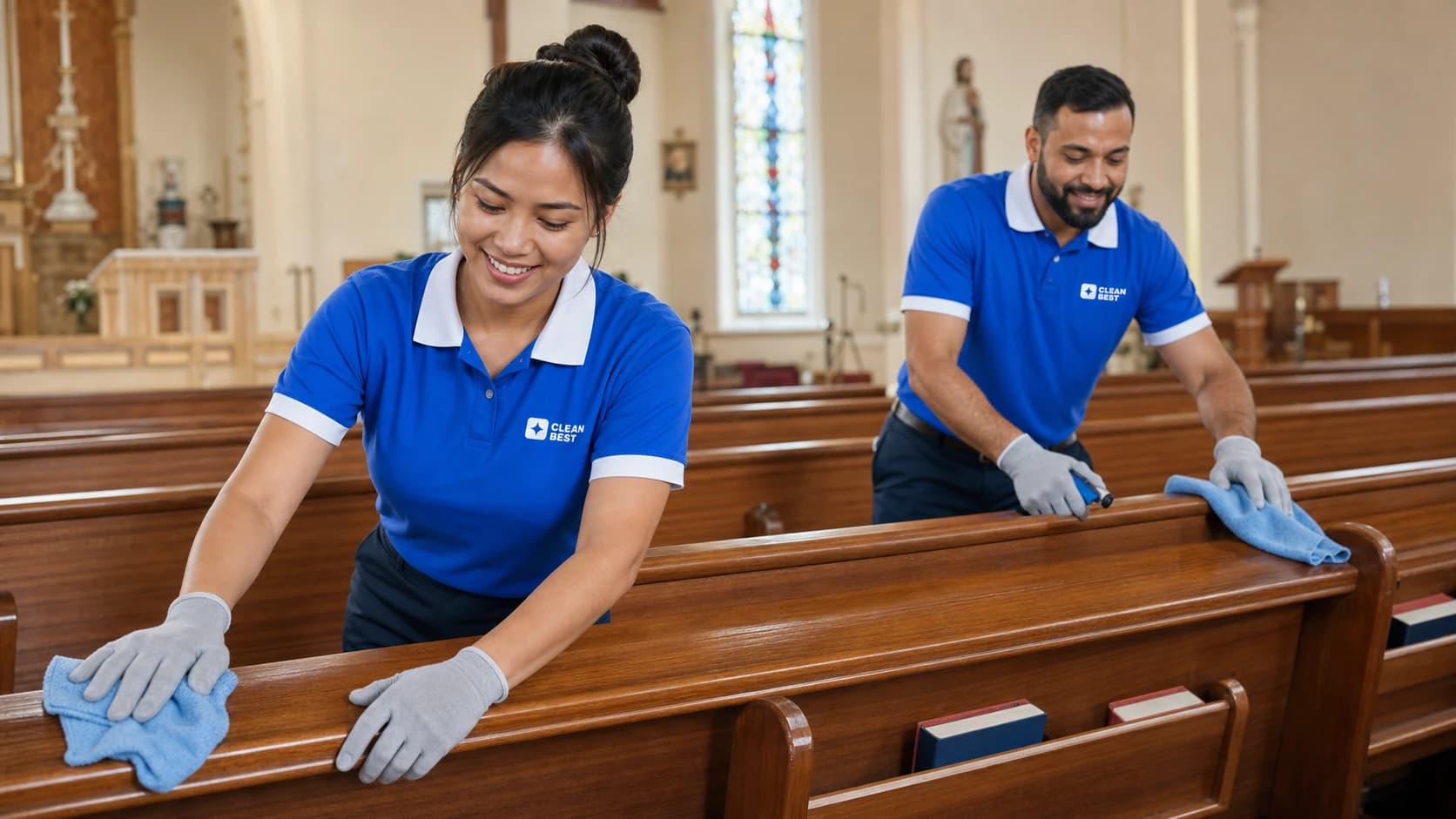 Clean Best cleaner setting out chairs after cleaning a community worship hall in Oran Park NSW