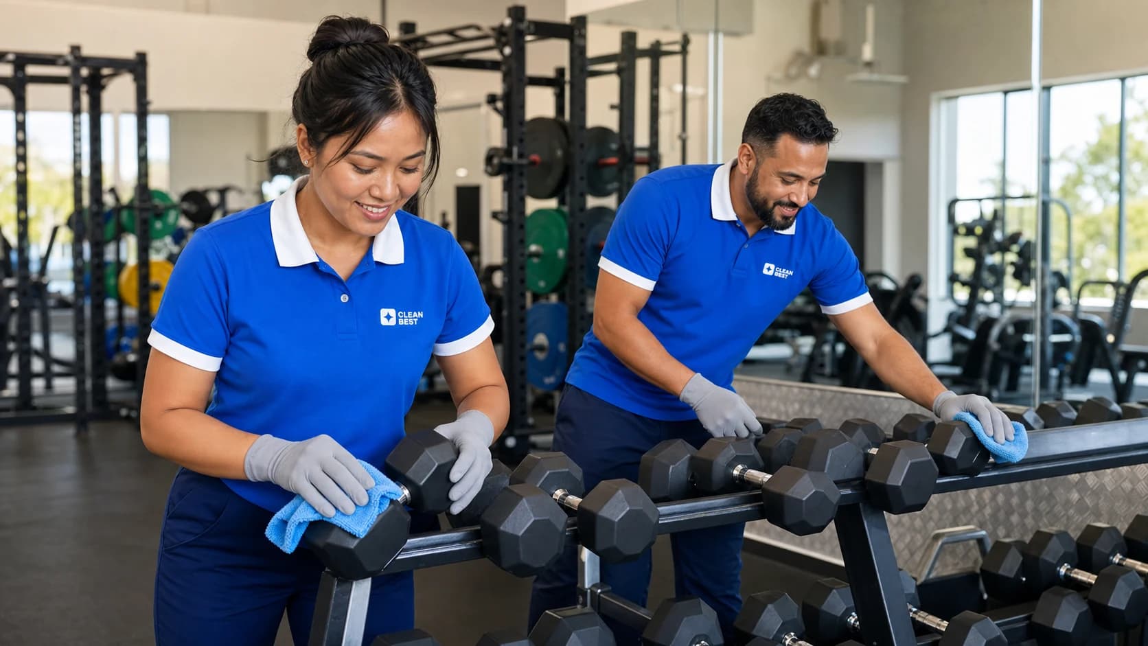 Clean Best cleaner wiping gym equipment before opening in Oran Park NSW