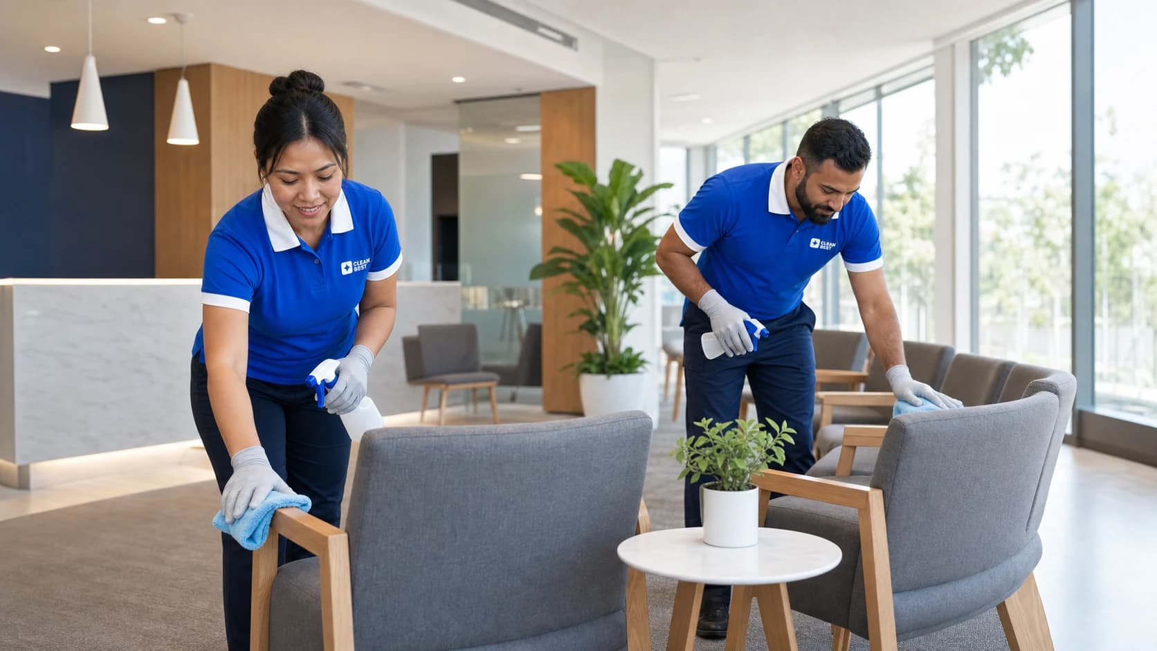 Clean Best cleaner disinfecting a consult room bench in an Oran Park medical centre NSW