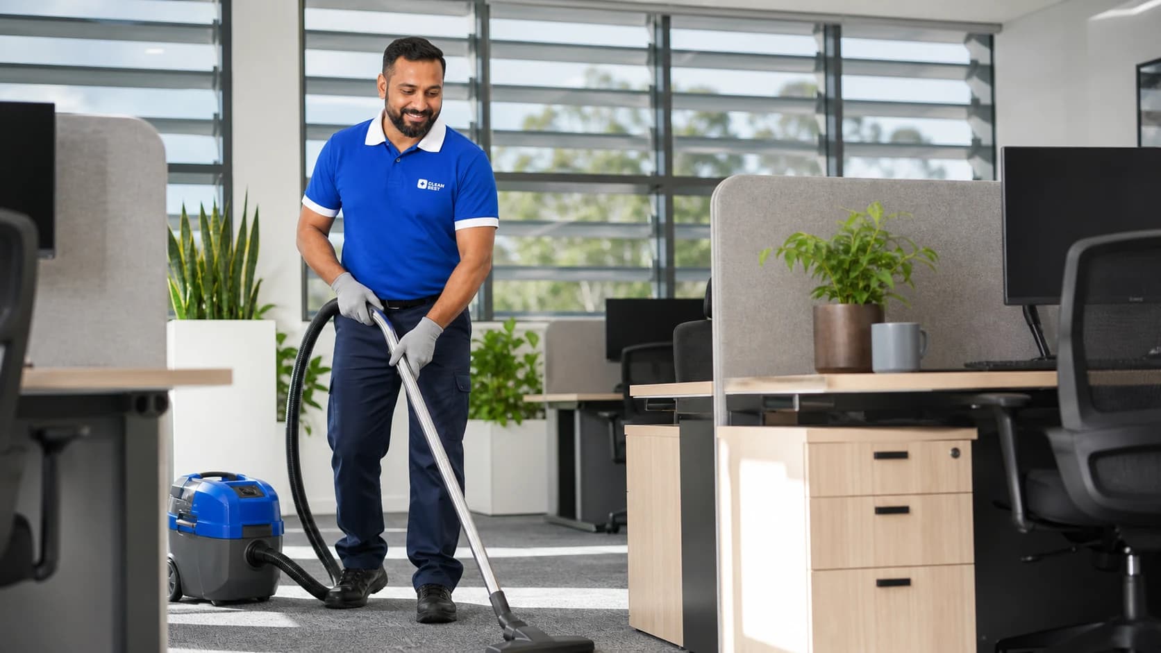 Clean Best cleaner wiping desks in a new open-plan office in Oran Park NSW