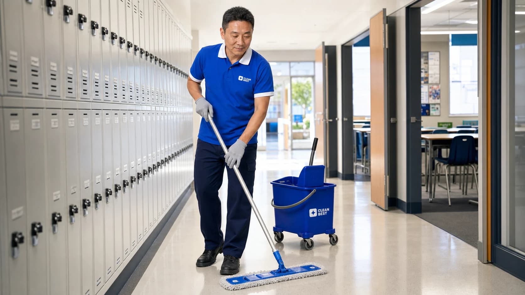 Clean Best cleaner mopping a classroom floor at a new school in Oran Park NSW